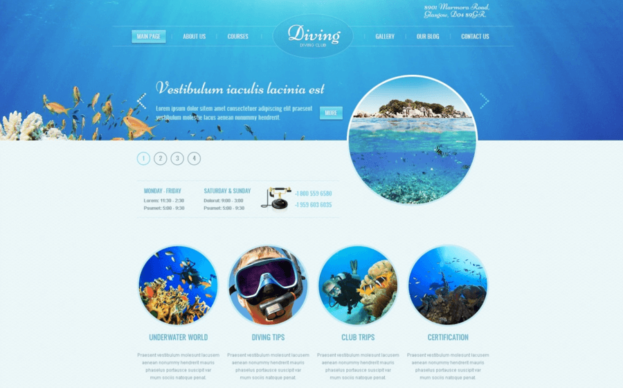 Психология цвета в веб дизайне, синий, Diving Center | Generator-Online.com